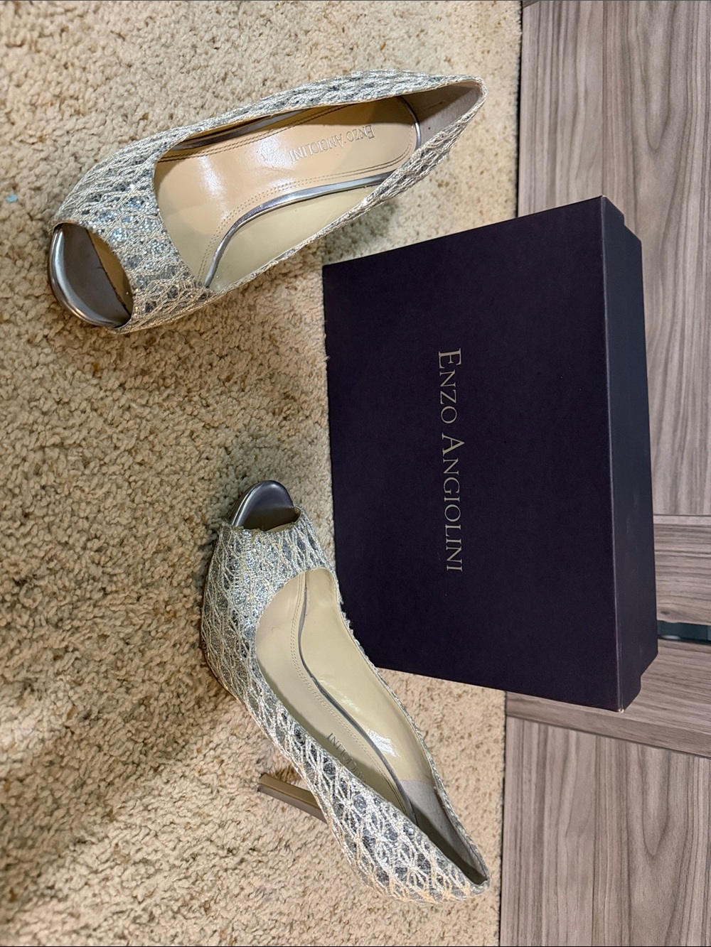 Enzo Angiolini Silver Woven Peep-Toe Heels